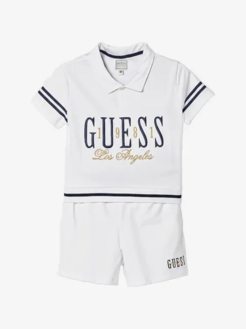 guess kids logo-embroidered striped polo top and shorts set