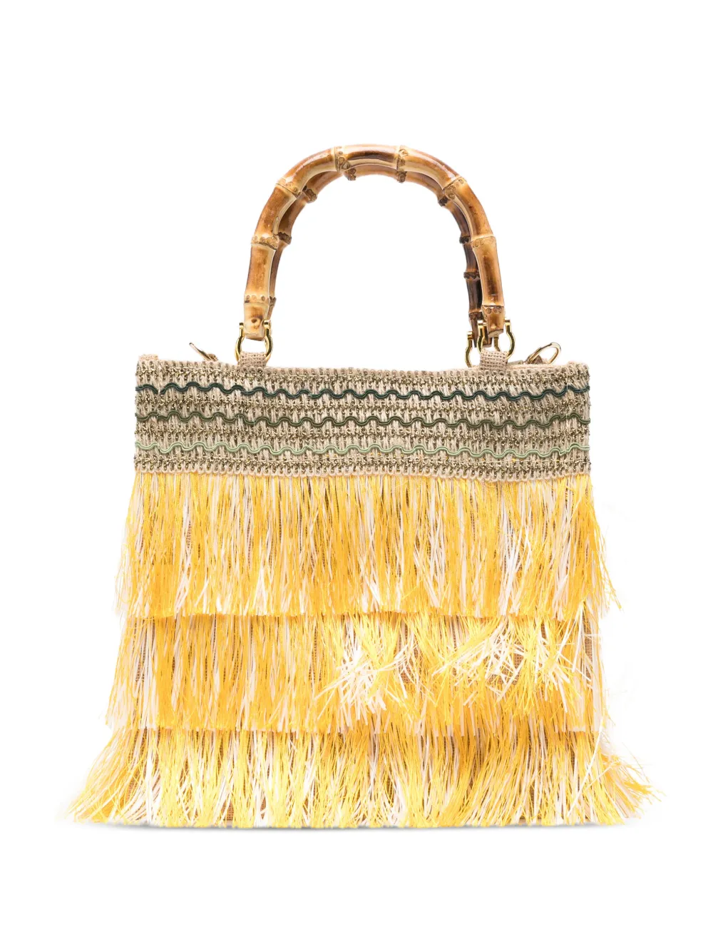 La Milanesa Medium Orchidea Fringed Bamboo-handle Tote Bag In Yellow