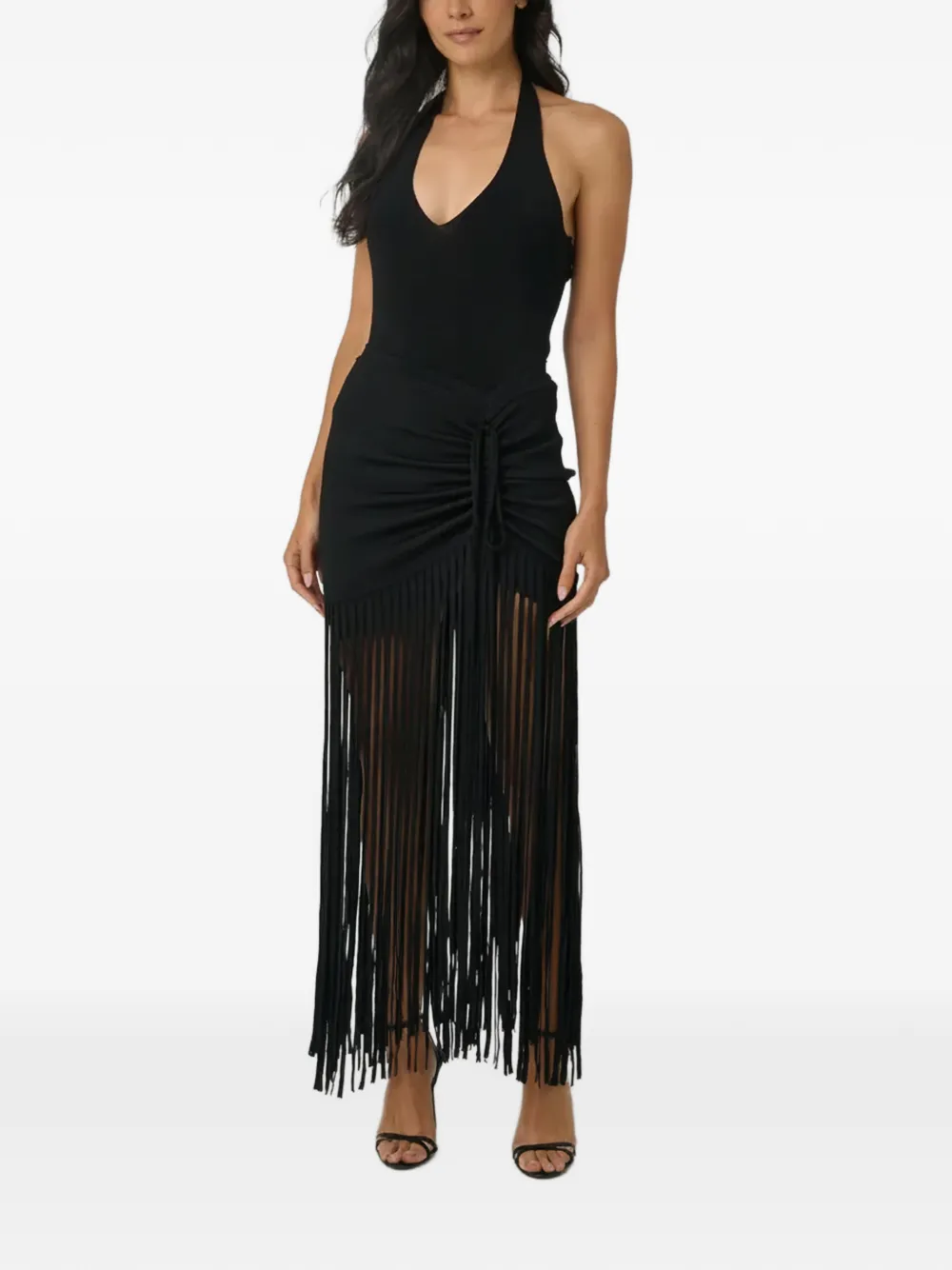  Toccin Amalia Ruched Fringed Maxi Skirt - Black 
