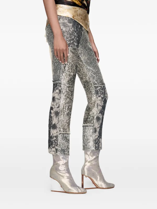 Maison Margiela Floral Sequin Patchwork Trousers | Silver | FARFETCH