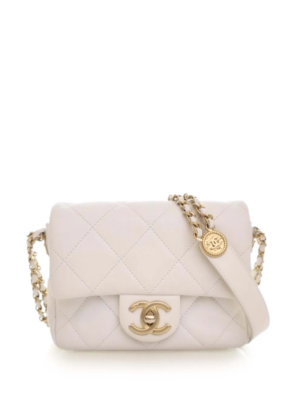 CHANEL Pre-Owned 2021-2025 Mini Quilted Caviar CC Coin Flap satchel - Bianco