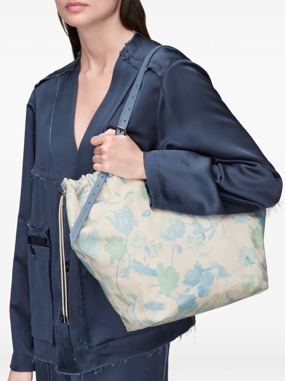 Maison Margiela Medium katoenen shopper met trekkoord en bloemenprint Blauw