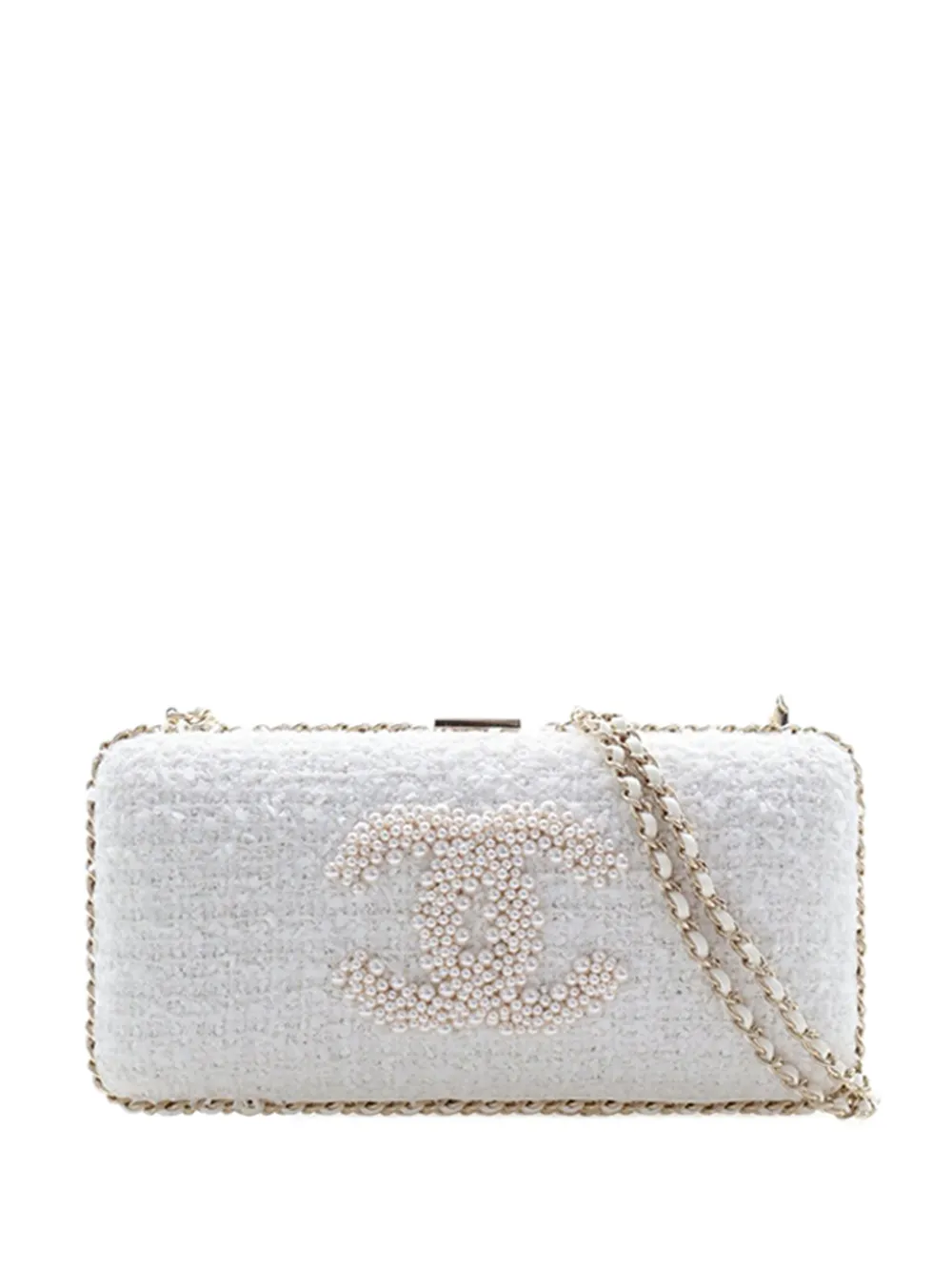 CHANEL Pre-Owned 2020 Tweed Pearl Chain Around Evening Clutch on Chain crossbody bag – White