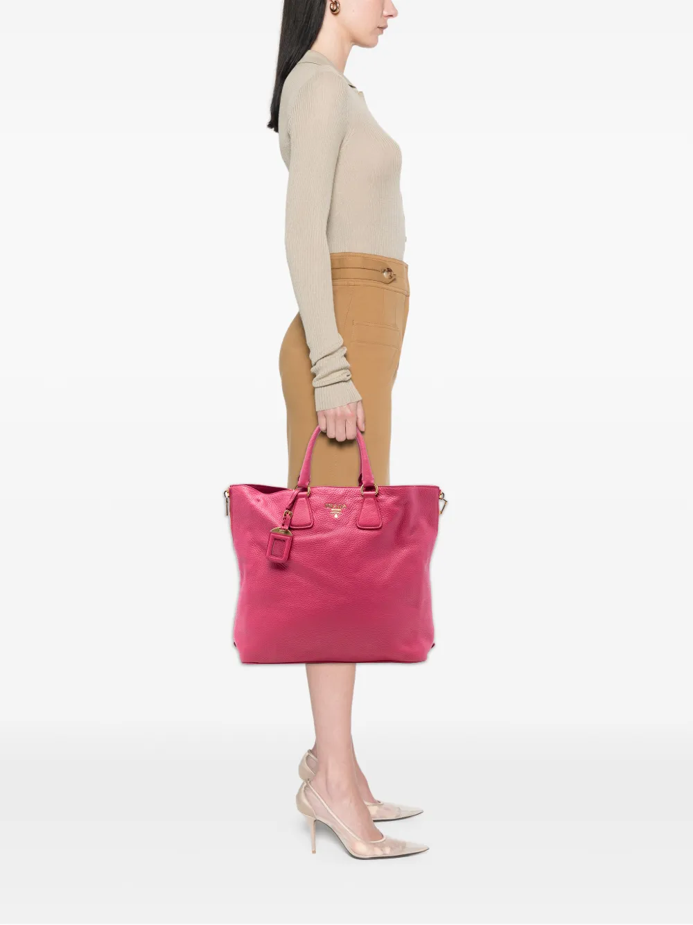 Prada Pre-owned 2000-2020 Vitello Daino Side Zip Open Convertible Tote Satchel in Pink, view 2
