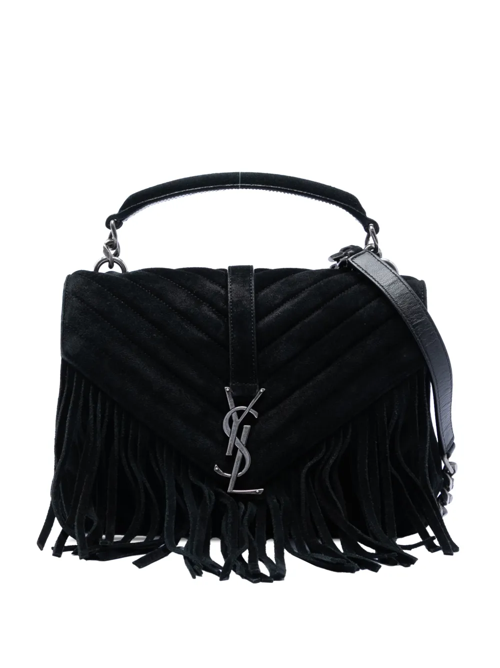 Saint Laurent Pre-Owned 2016 Medium Chevron Suede Monogram Fringe College satchel - Nero