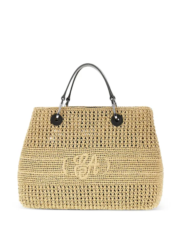 Emporio Armani Logo-embroidered Woven Tote Bag in Neutrals
