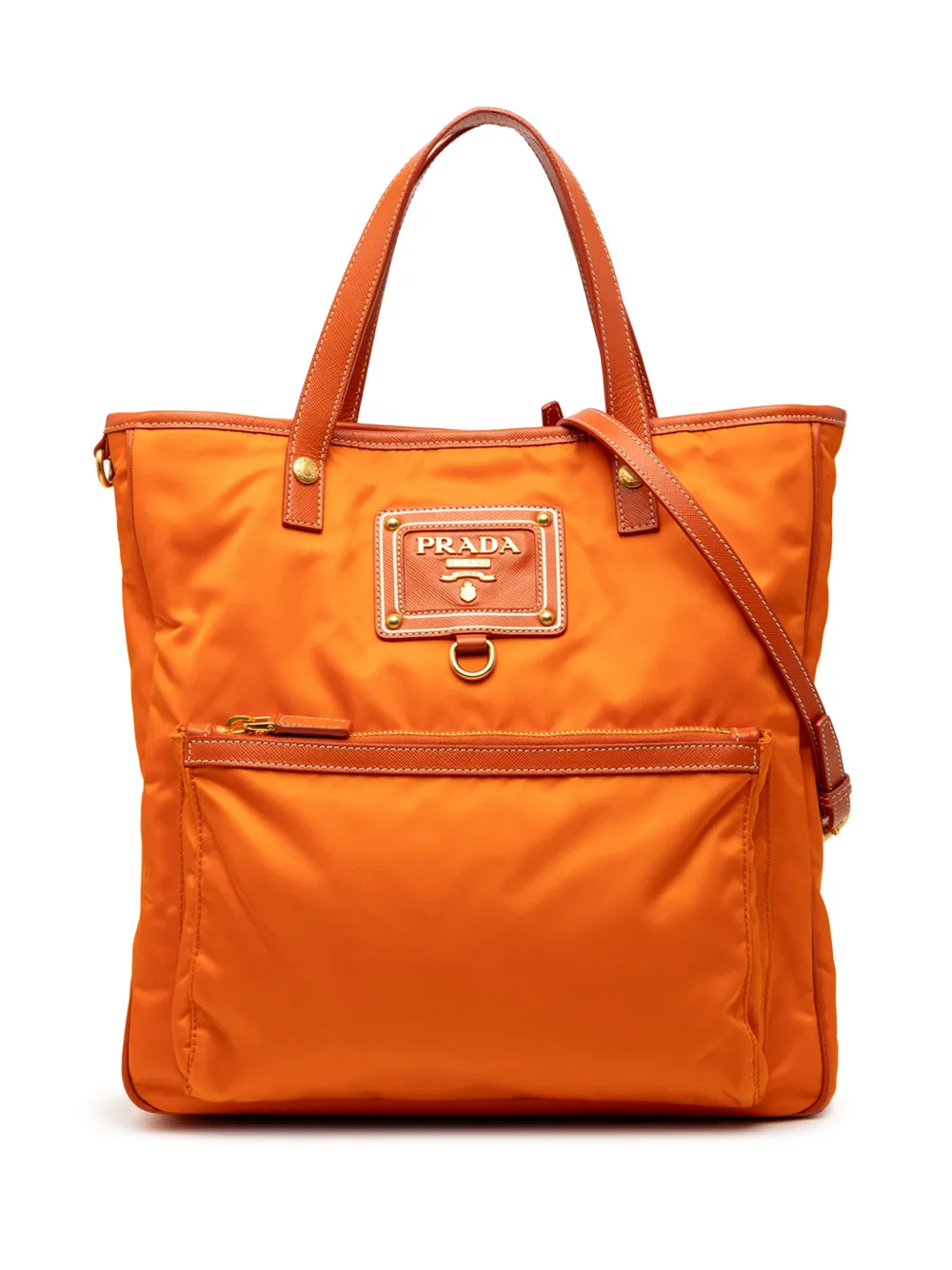 Prada Pre-Owned 2021-2026 Saffiano Trimmed Tessuto Logo Oro satchel - Orange