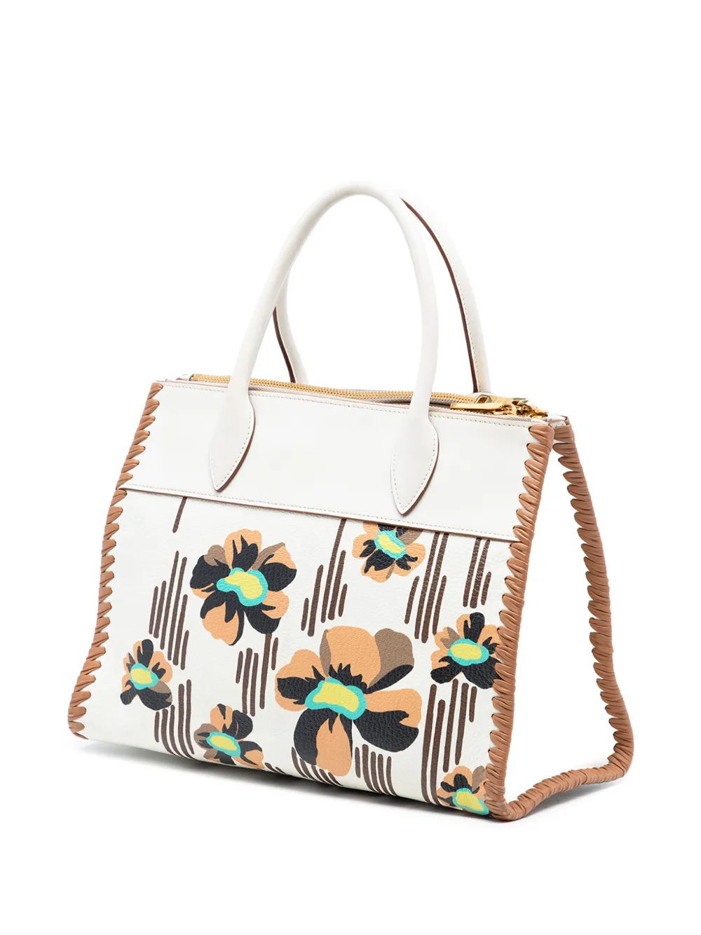  Prada Pre-owned 2010-2026 City Calf Trimmed Madras Floral Print Paradigme Whipstitch Satchel - White 