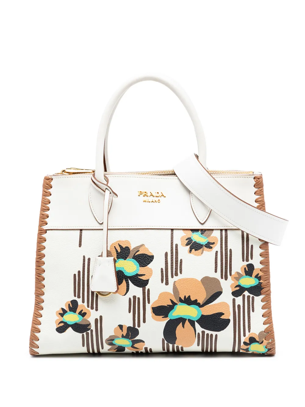 Prada Pre-Owned 2010-2026 City Calf Trimmed Madras Floral Print Paradigme Whipstitch satchel - Bianco