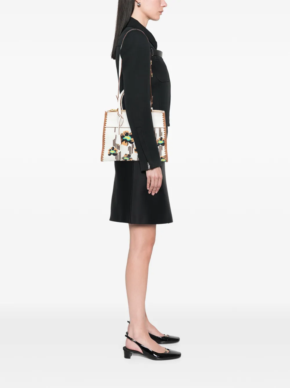  Prada Pre-owned 2010-2026 City Calf Trimmed Madras Floral Print Paradigme Whipstitch Satchel - White 