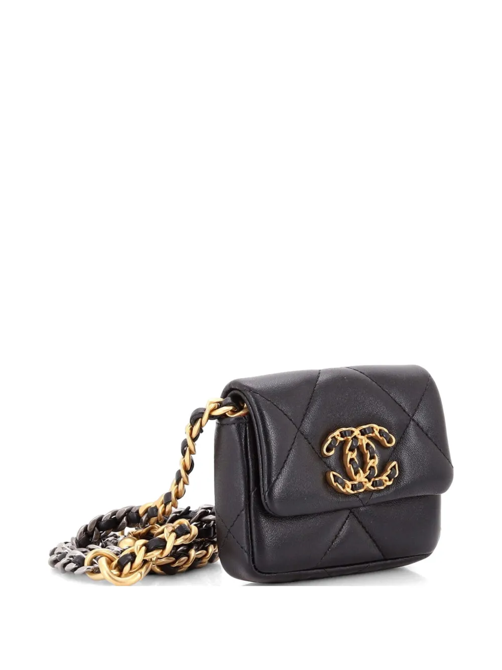  Chanel Pre-owned 19 Convertible Flap Coin Purse With Chain Quilted Lambskin Belt Bag - Black 