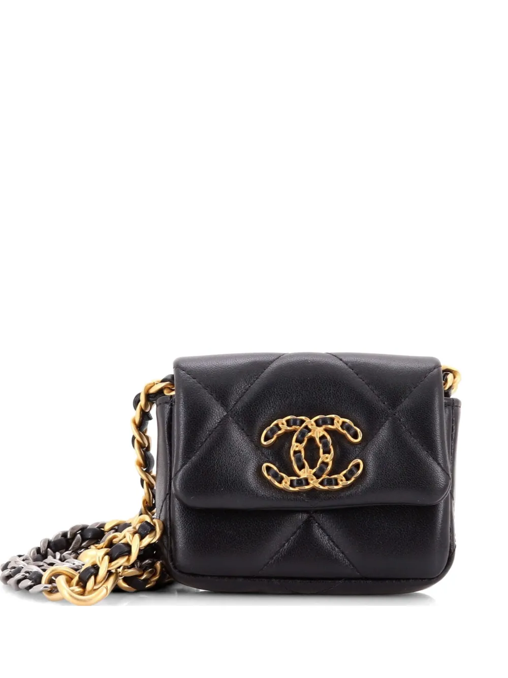Pre-owned Chanel 19 Convertible Flap Coin Purse With Chain Quilted Lambskin Belt Bag In Black