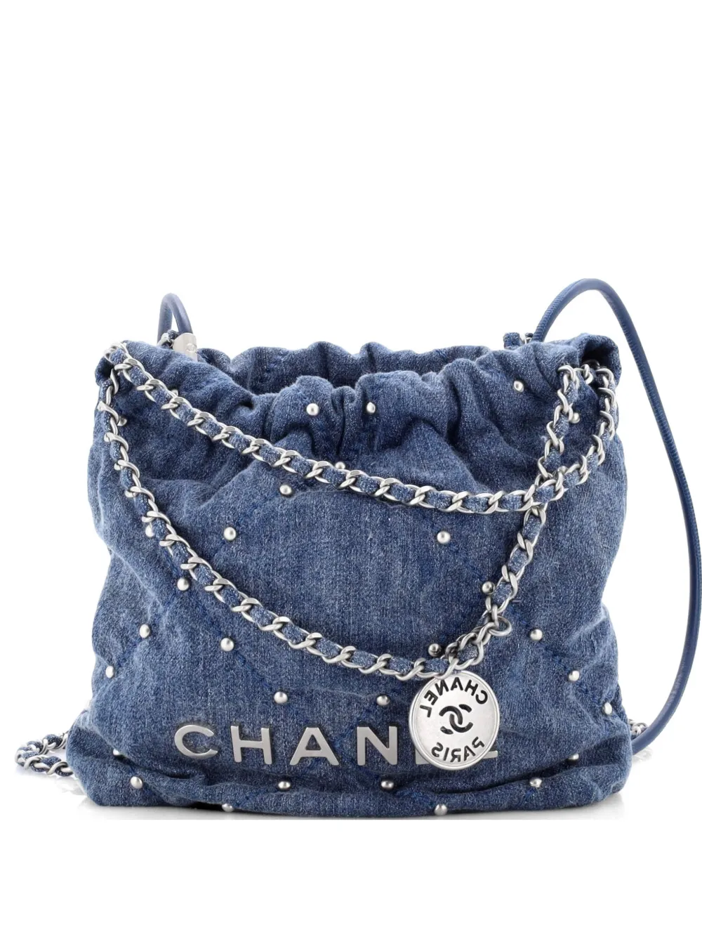 CHANEL Pre-Owned 22 Chain Quilted Studded Denim Mini hobo bag - Blu