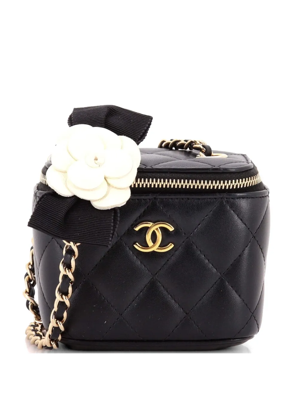 CHANEL Pre-Owned Camellia Bow Vanity Case with Chain Quilted Lambskin Mini crossbody bag - Nero