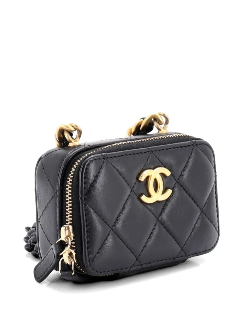  Chanel Pre-owned Lacquered Metal Cc Zip Around Card Holder On Chain Quilted Lambskin Clutch Bag - Black 