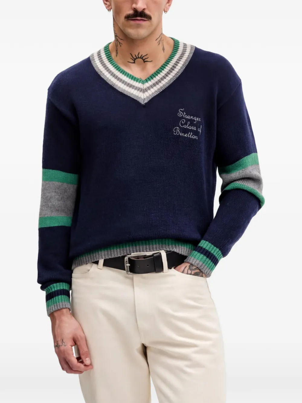 Benetton Maglione a righe con scollo a V - Blu