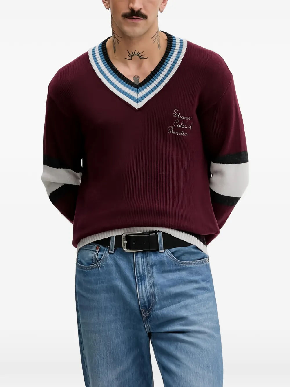 Benetton V넥 스트라이프 스웨터 | 레드