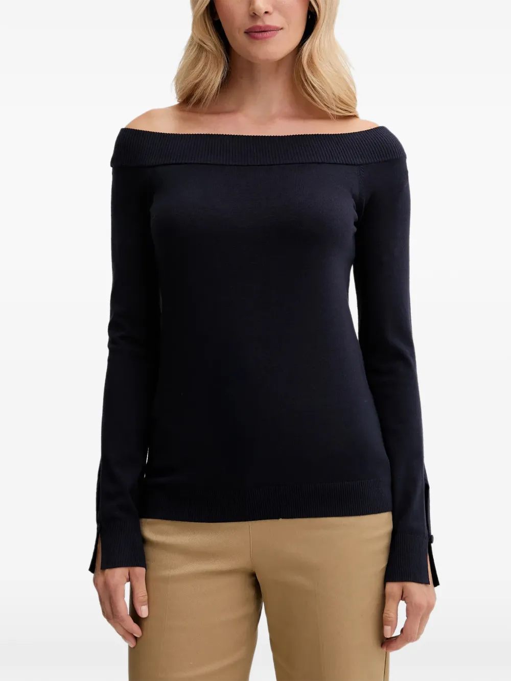 Benetton pull à épaules dénudées et boutons aux poignets - Bleu Benetton pull à épaules dénudées et boutons aux poignets - Bleu