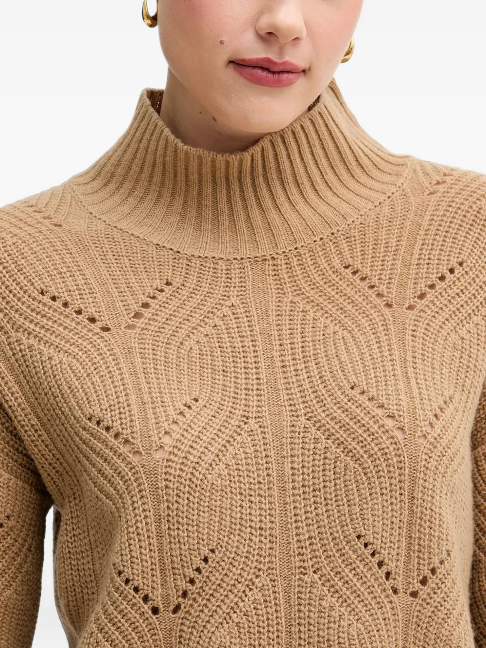 Benetton Opengewerkte trui met hoge ronde hals Beige