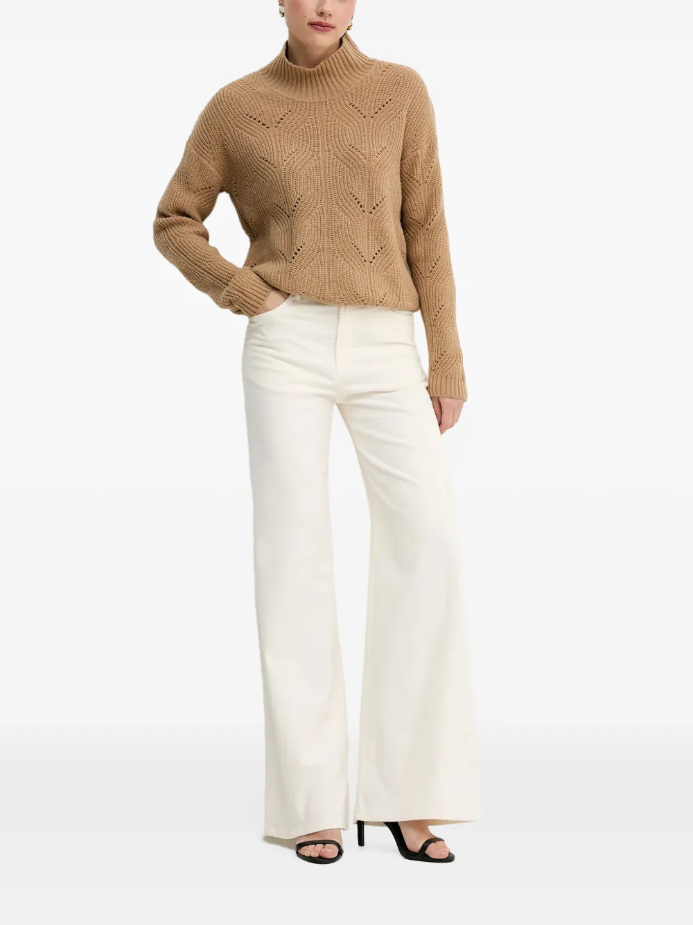 Benetton Opengewerkte trui met hoge ronde hals Beige