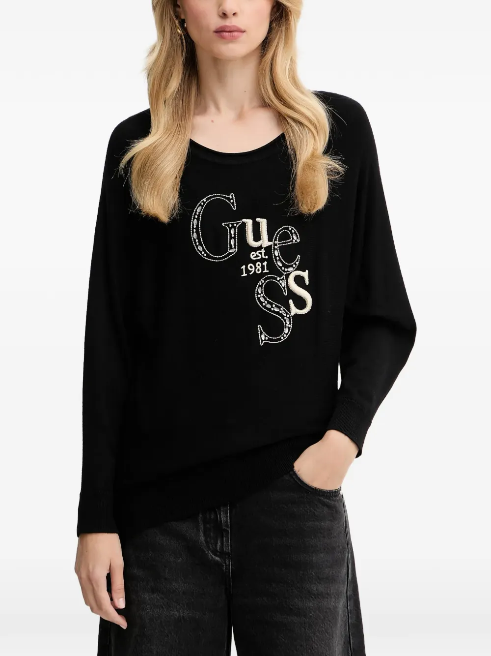 GUESS USA Besticktes Langarmshirt - Schwarz