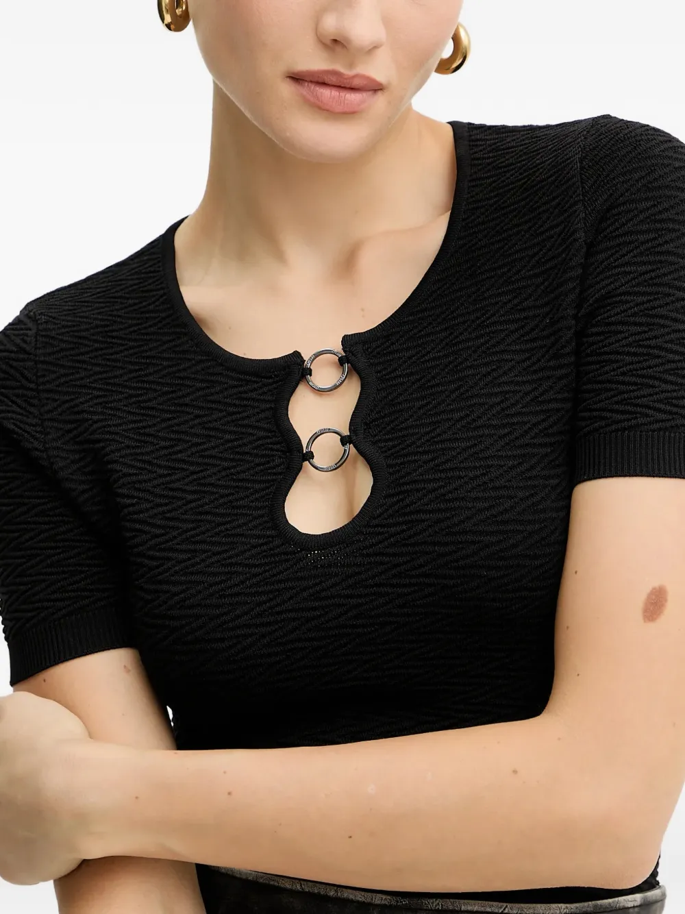 GUESS USA textured ring-detail T-shirt Zwart