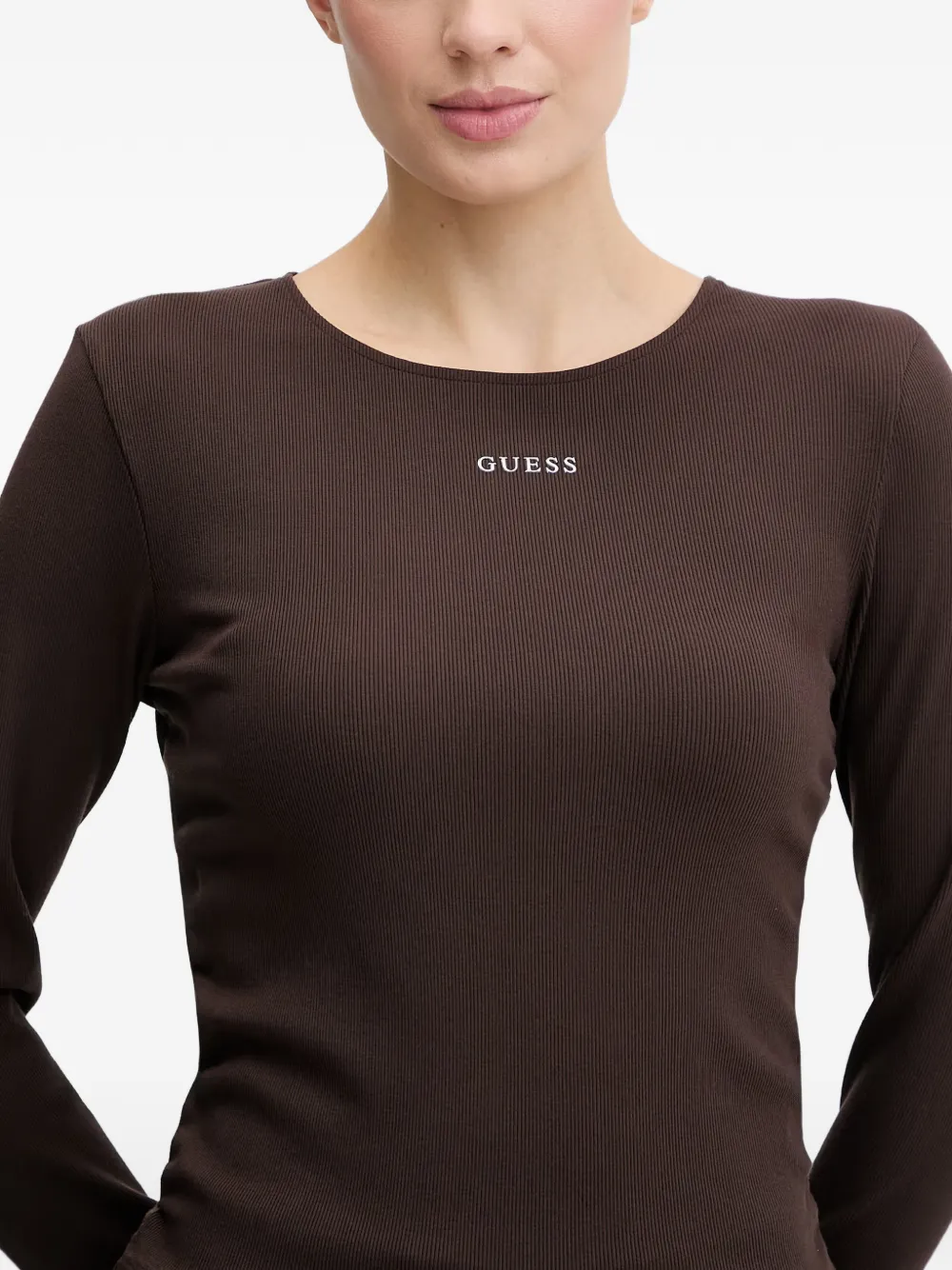 GUESS USA Nat geribbeld T-shirt met ruches Bruin