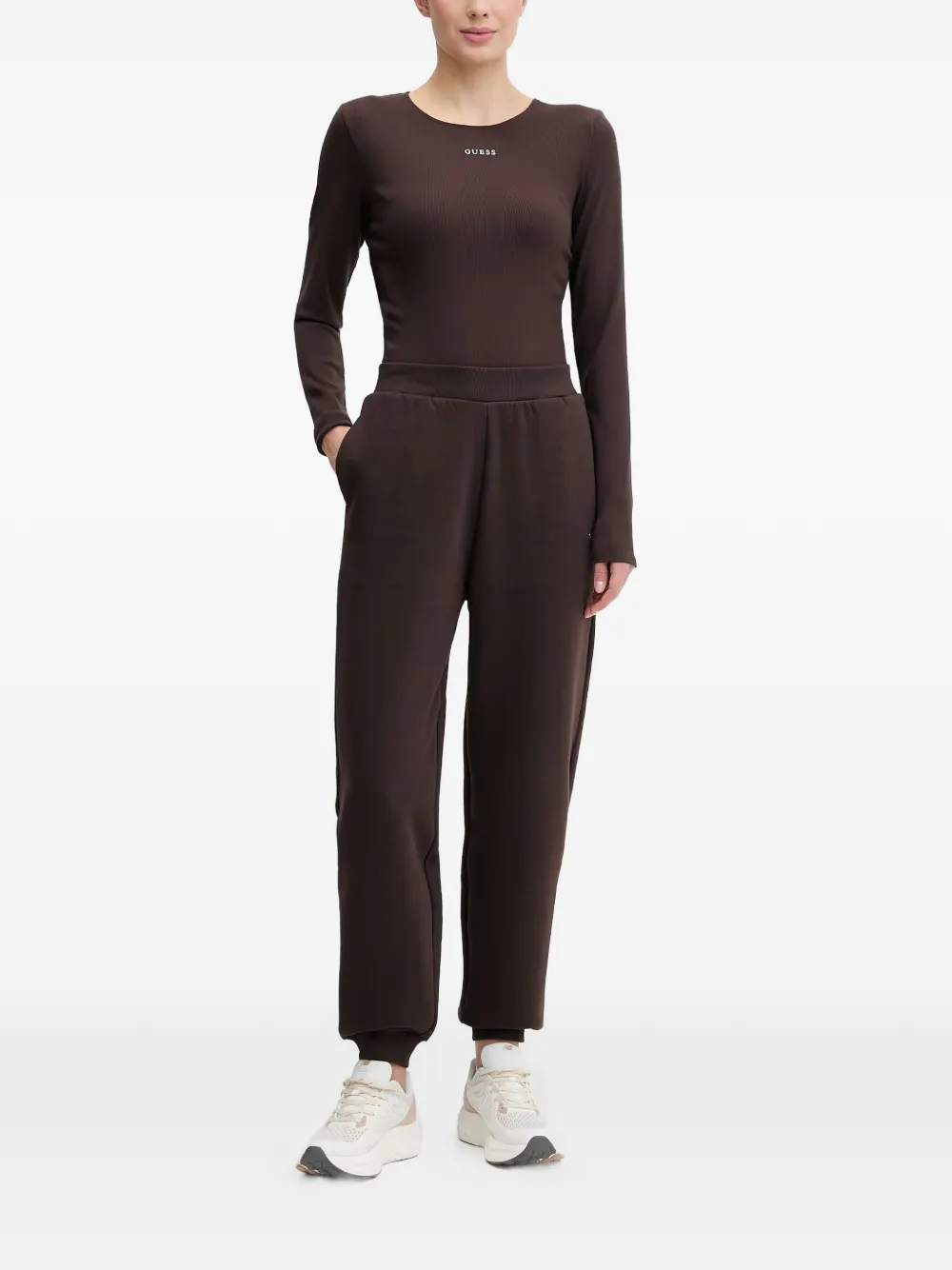 GUESS USA Nat geribbeld T-shirt met ruches Bruin
