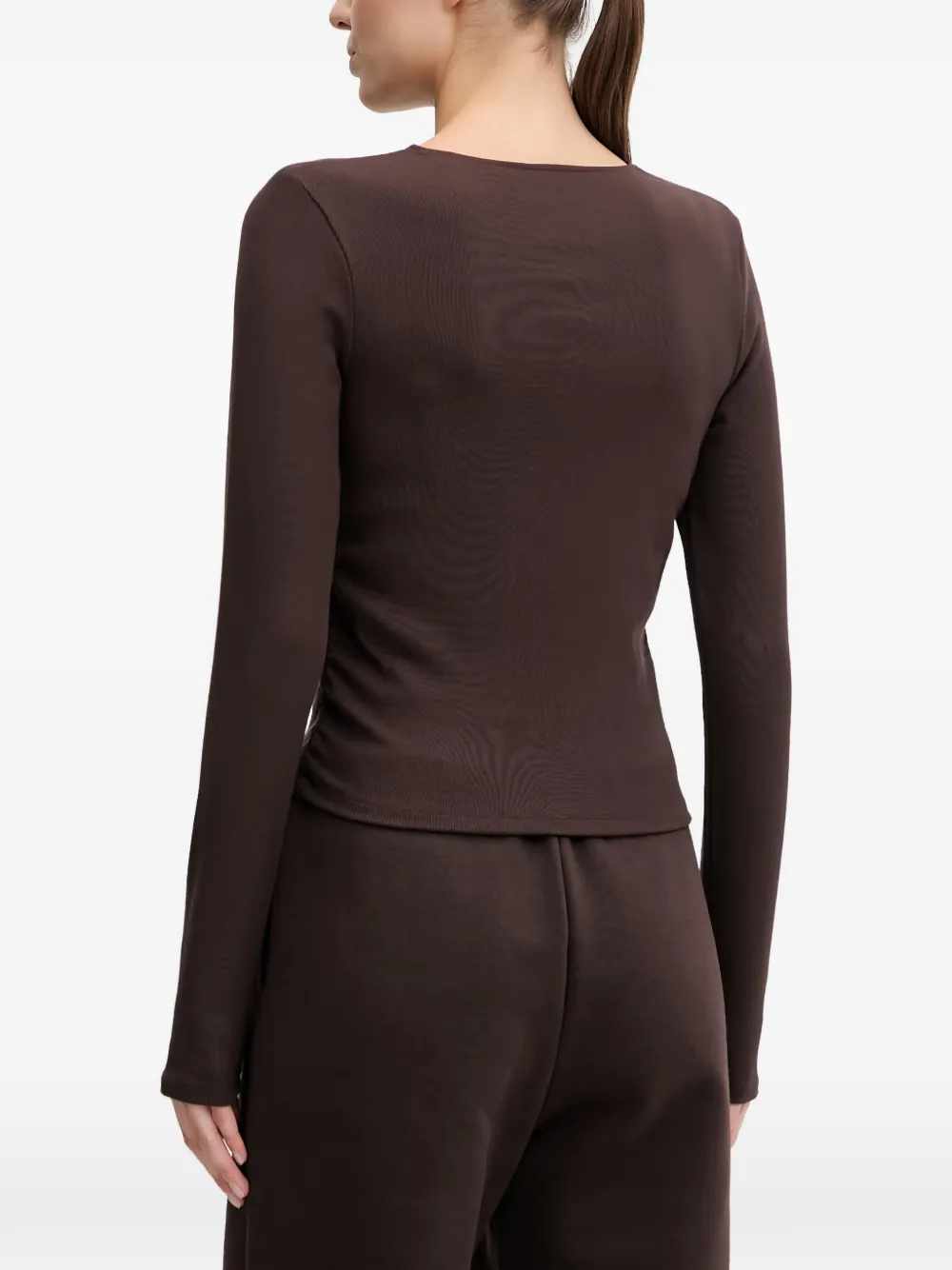 GUESS USA Nat geribbeld T-shirt met ruches Bruin