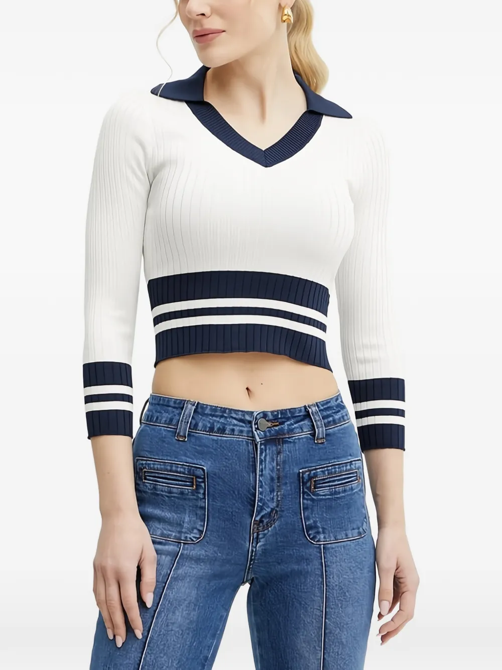 Guess Usa Sydney V-neck Striped Sweater In Blue