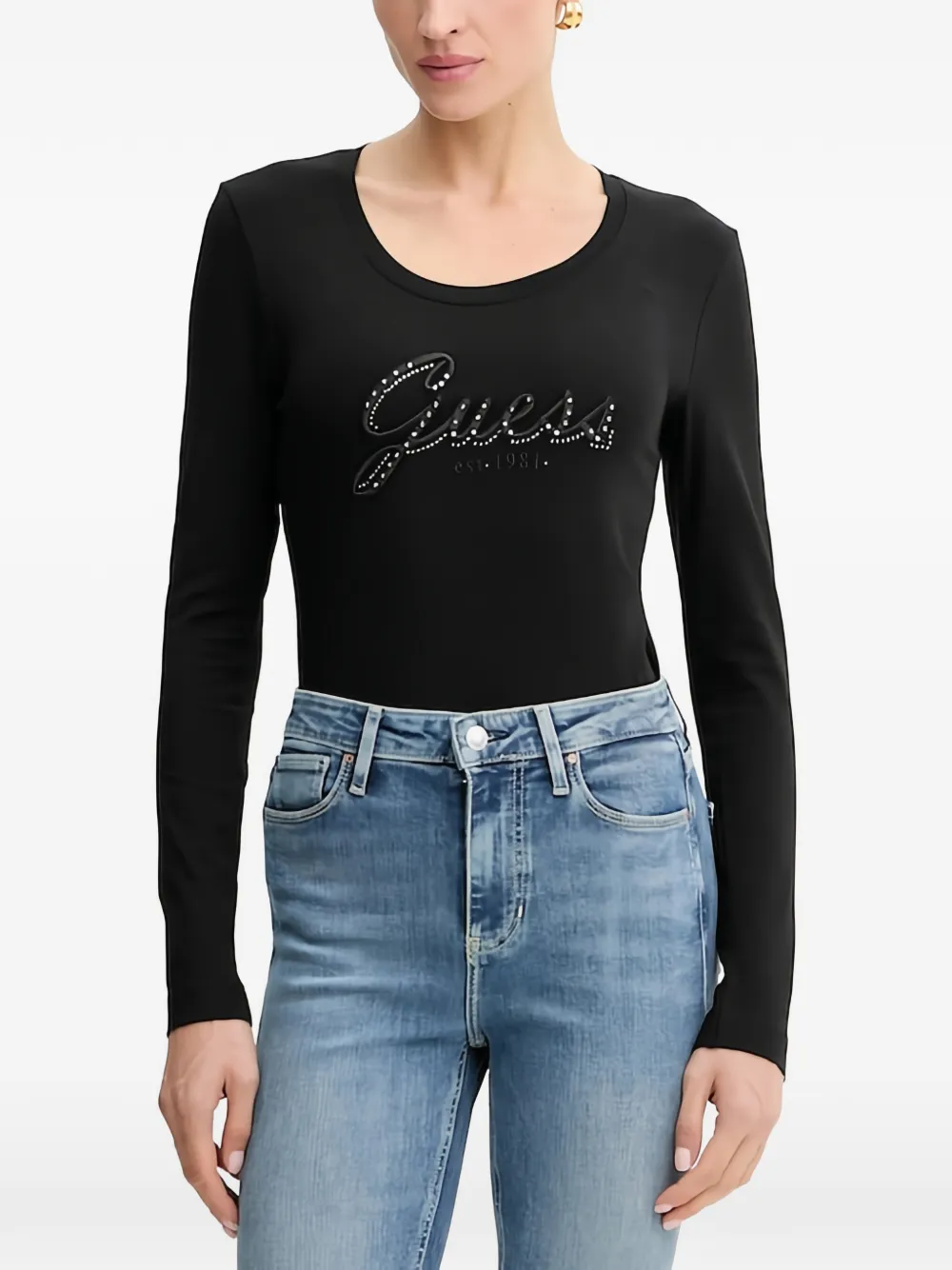 Guess Usa Crystal-embellished Long-sleeve T-shirt In Black