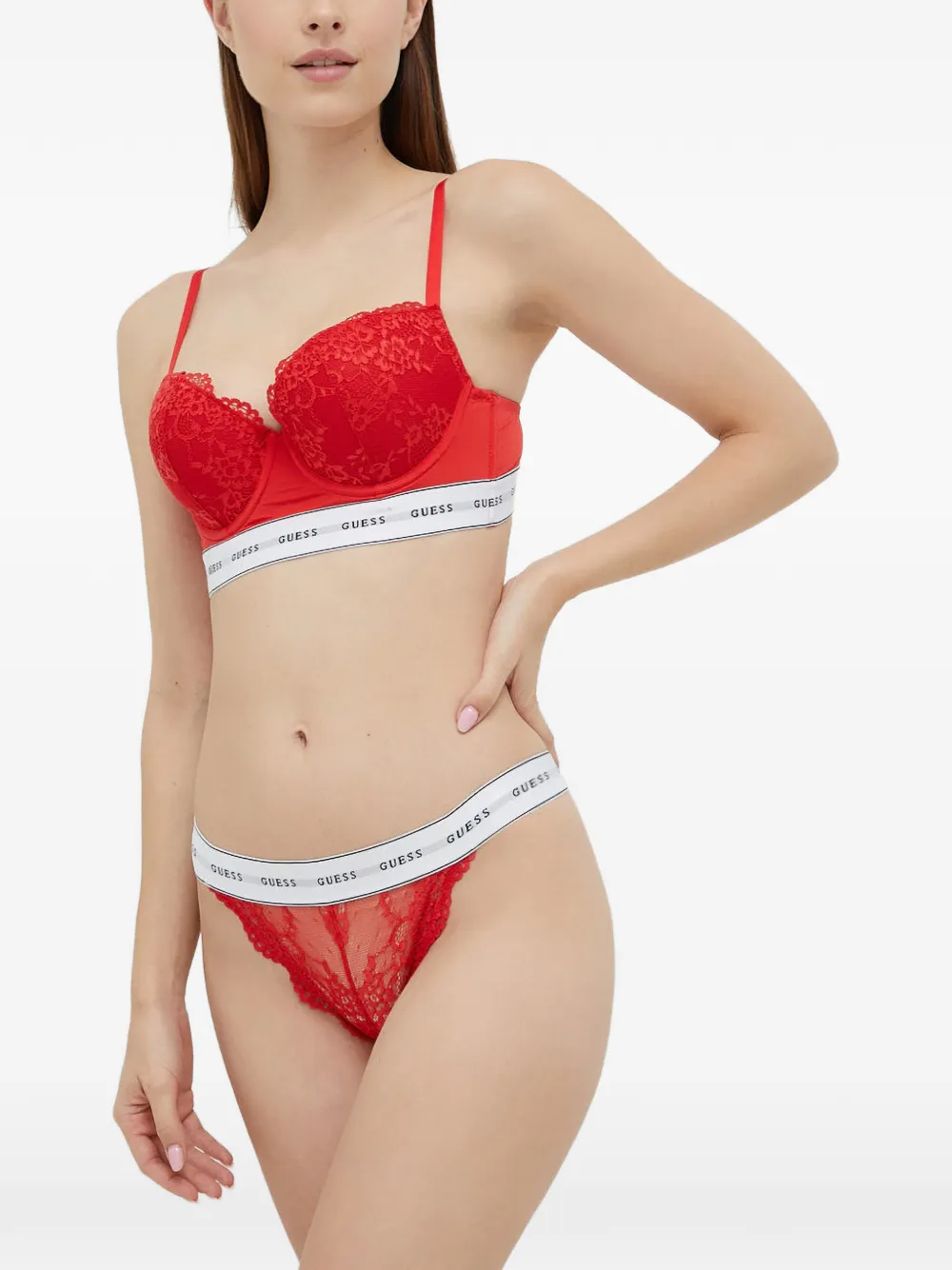 GUESS USA Belle lace-overlay logo-band bra - Rosso