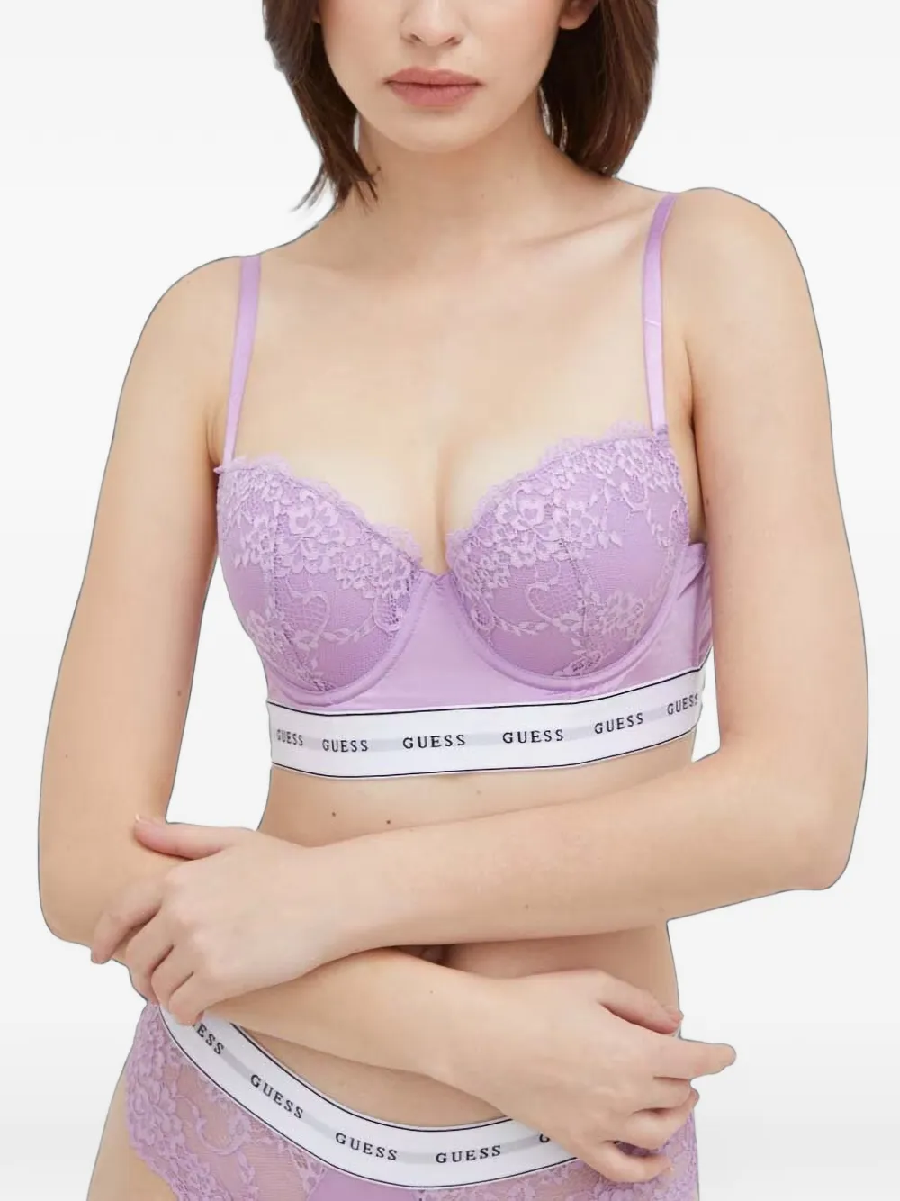 GUESS USA lace-panel logo-band bra Paars