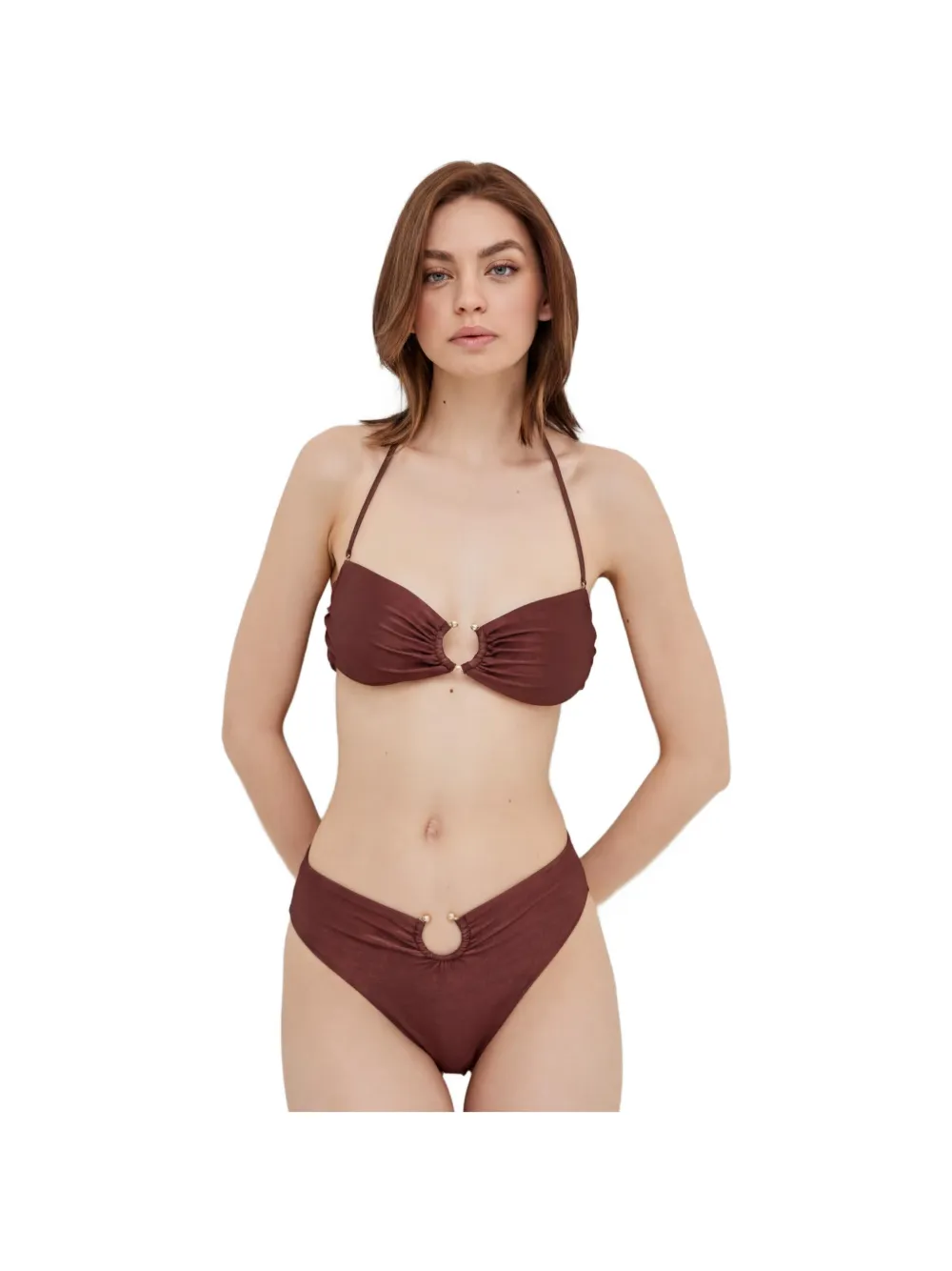 GUESS USA Slip bikini con anello metallizzato - Marrone