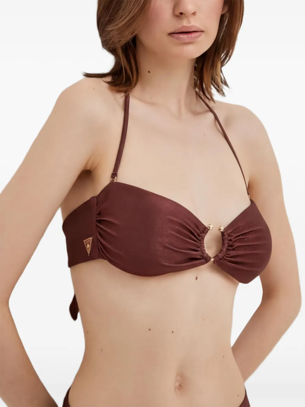 GUESS USA logo-patch ruched bikini top - Marrone