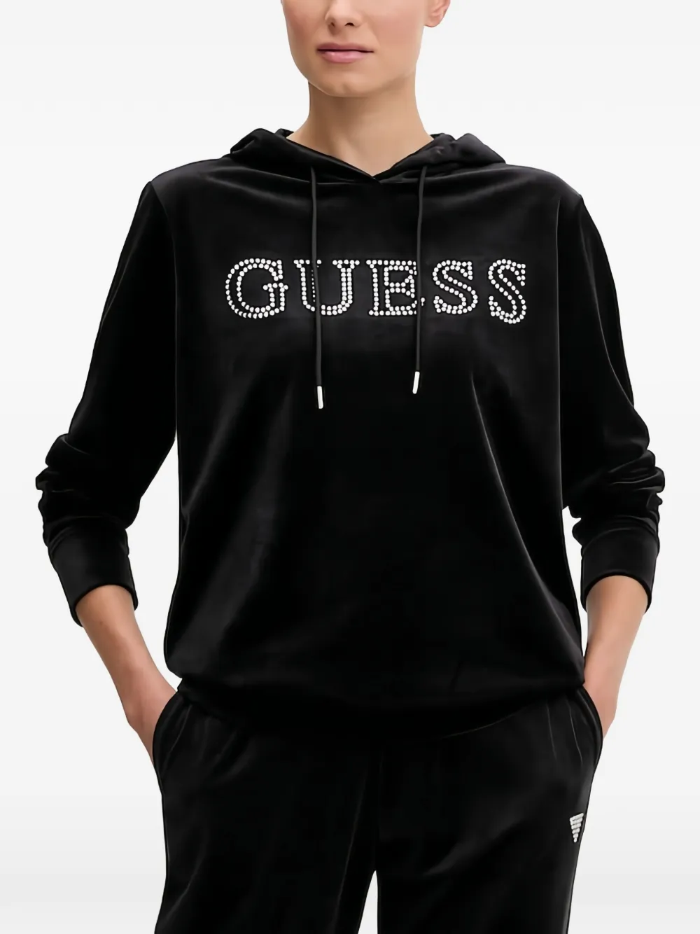 Guess Usa Rhinestone Hooded Top In Black