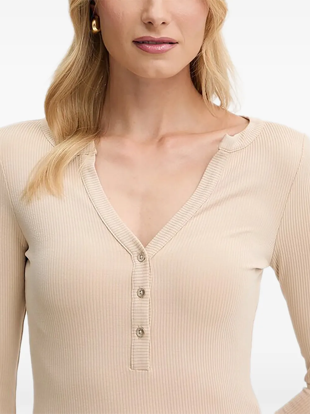 GUESS USA Geribbeld T-shirt met knopen Beige