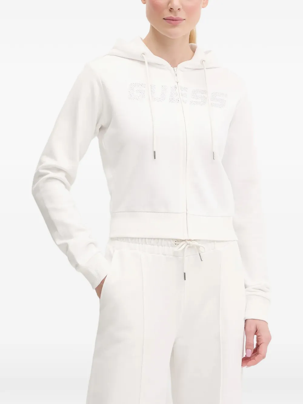 GUESS USA rhinestone-logo zip-up hoodie - Bianco
