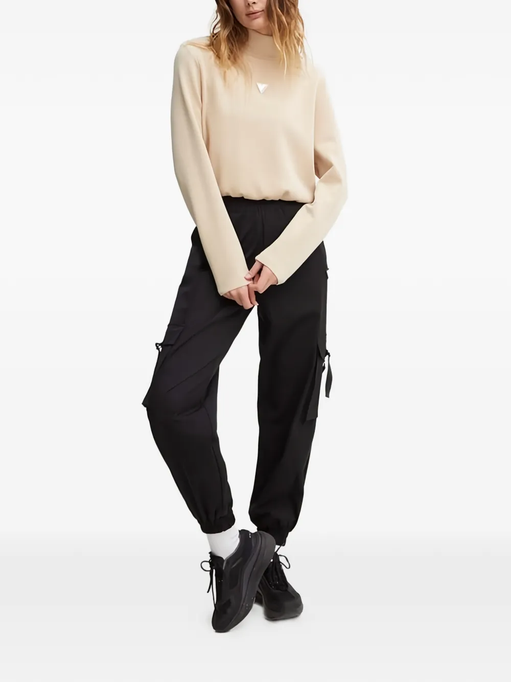 GUESS USA Sweater met logoplakkaat en hoge hals Beige