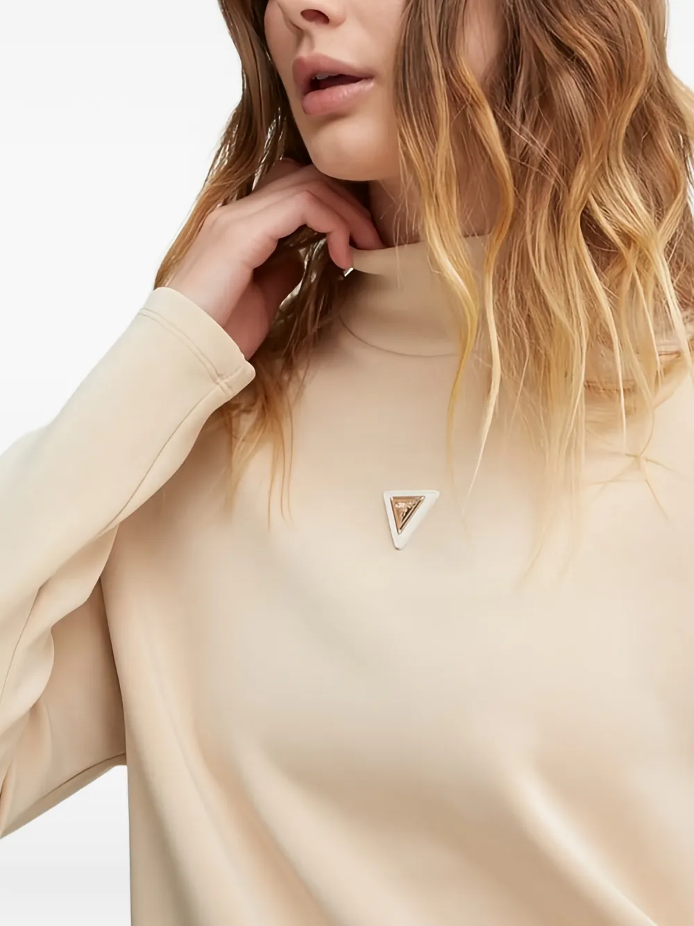 GUESS USA Sweater met logoplakkaat en hoge hals Beige