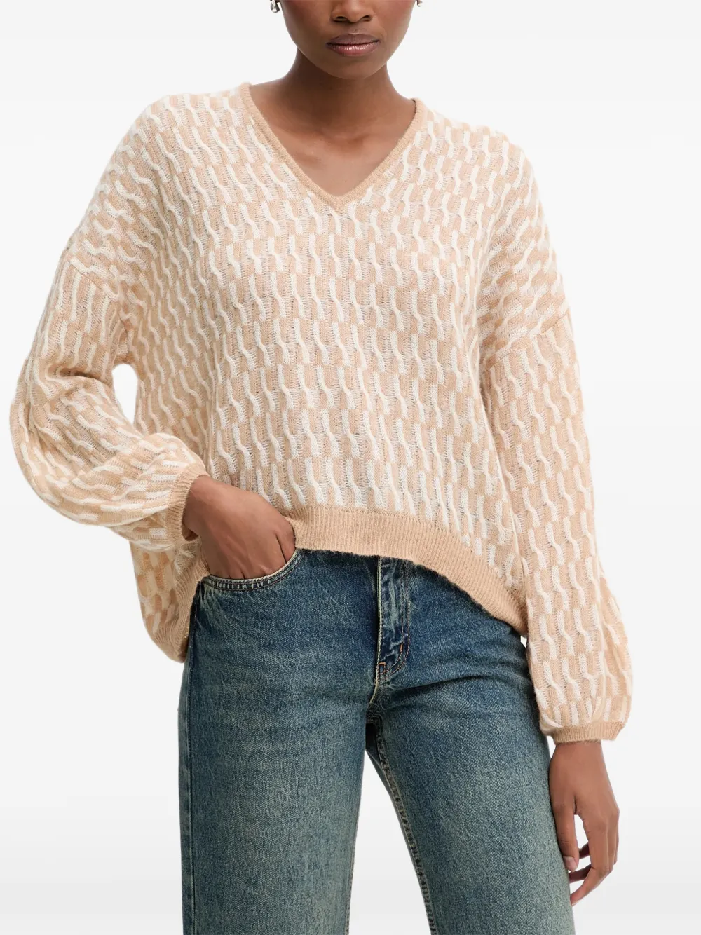 Benetton Trui met patroon en V-hals Beige