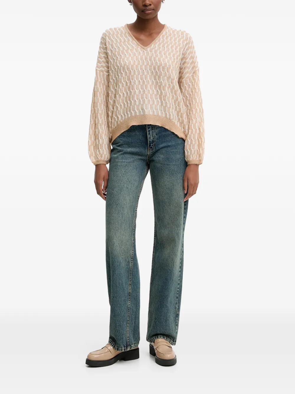 Benetton Trui met patroon en V-hals Beige