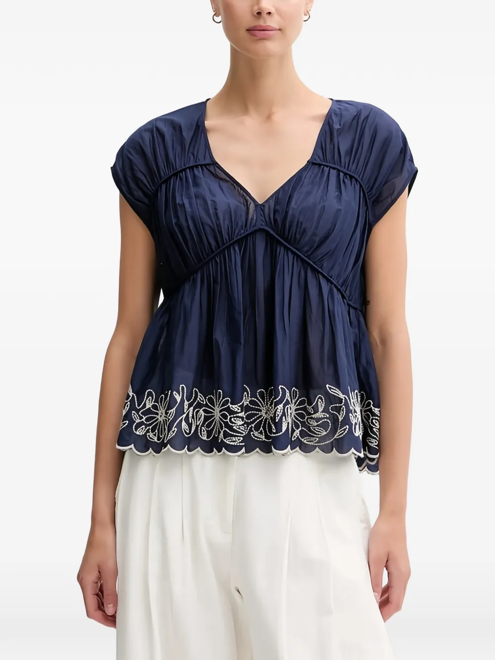 Benetton floral embroidered V-neck top - Blu