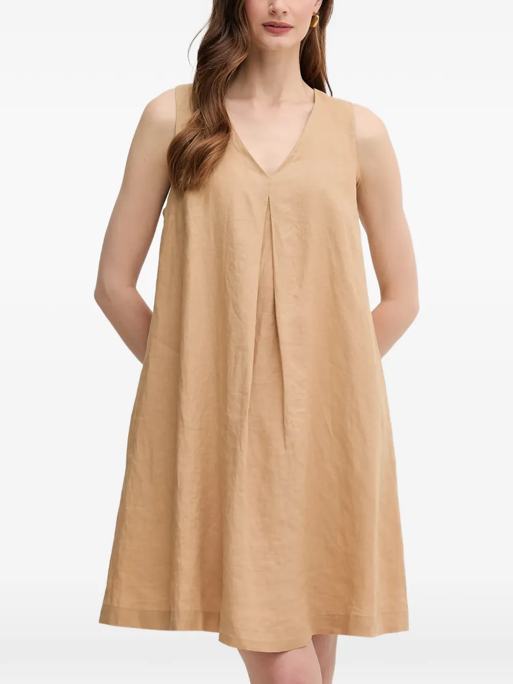 Benetton Pleat-detail V-neck Mini Dress In Neutral