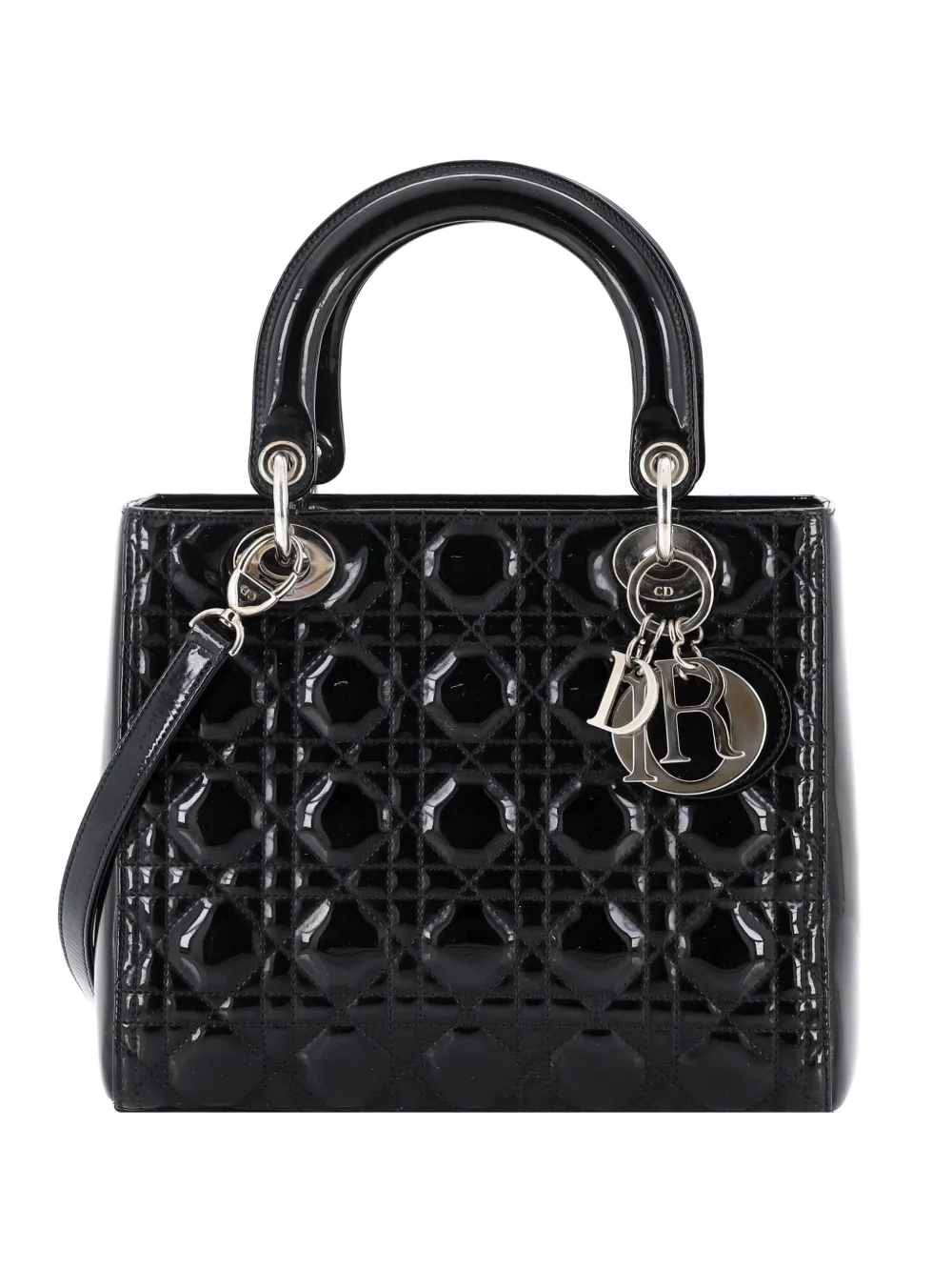 Christian Dior Pre-Owned Mittelgroße Lady Dior Cannage Satchel-Tasche aus gestepptem Lackleder - Schwarz