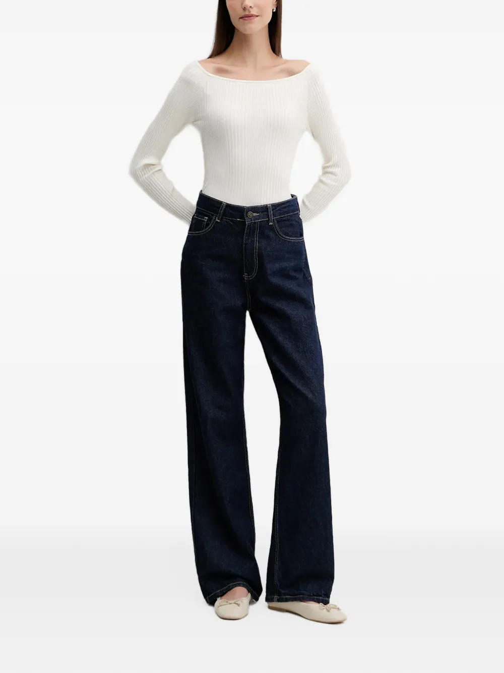Benetton Geribbelde trui met boothals Wit