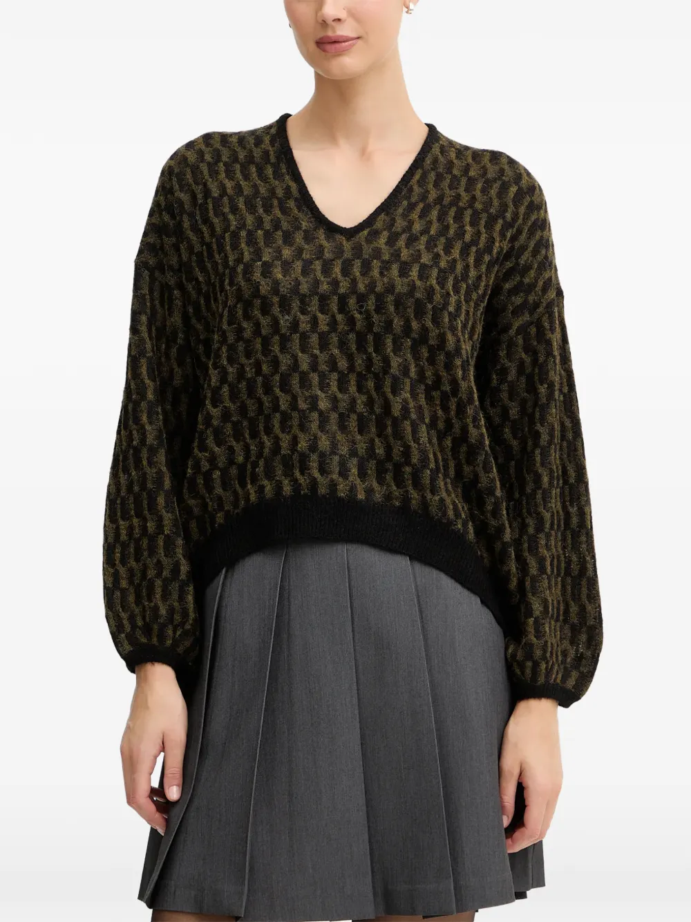Benetton pull en maille à motif et col v - Vert Benetton pull en maille à motif et col v - Vert