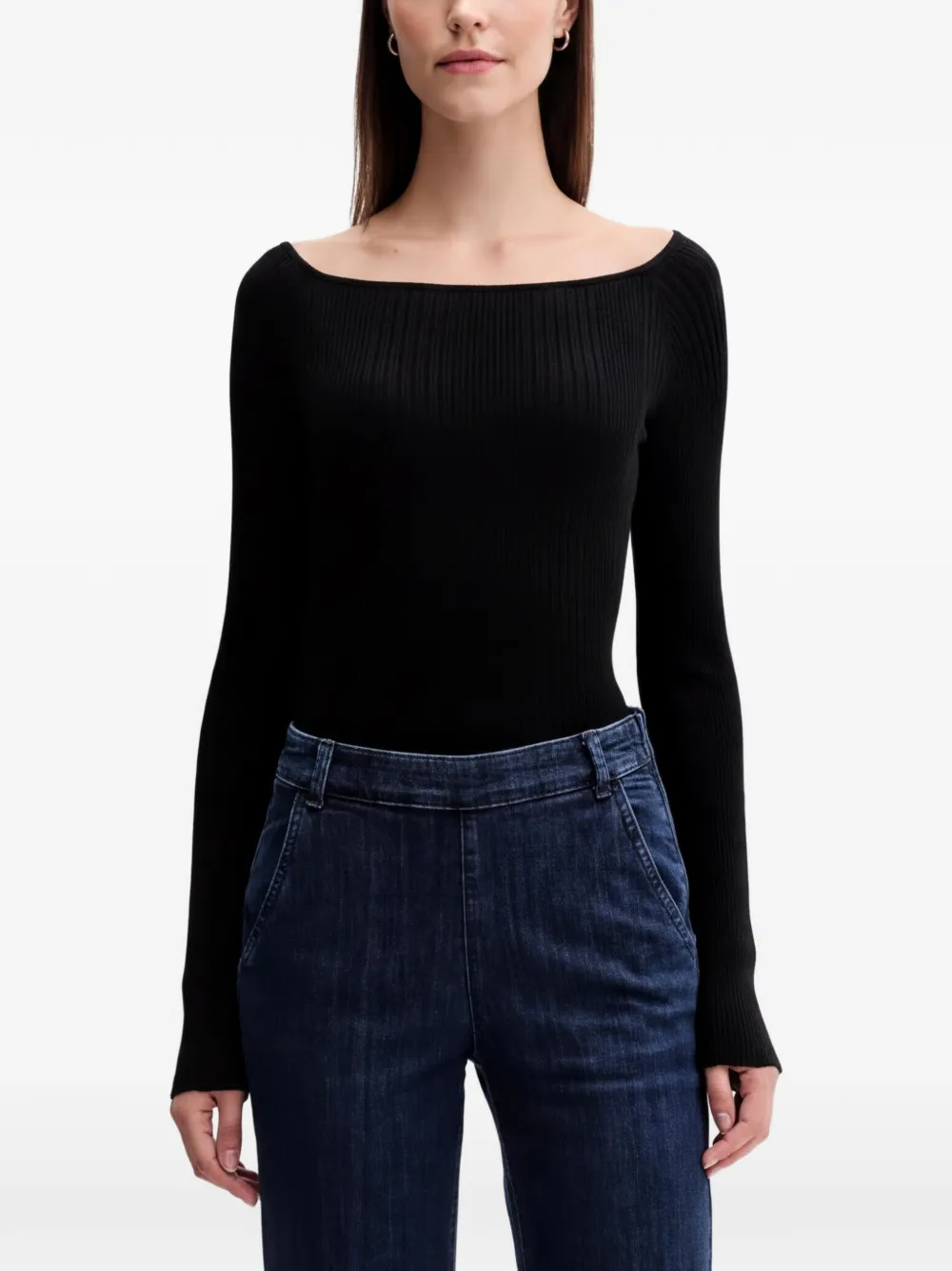 Benetton Ribbed-knit Boat-neck Sweater In Black