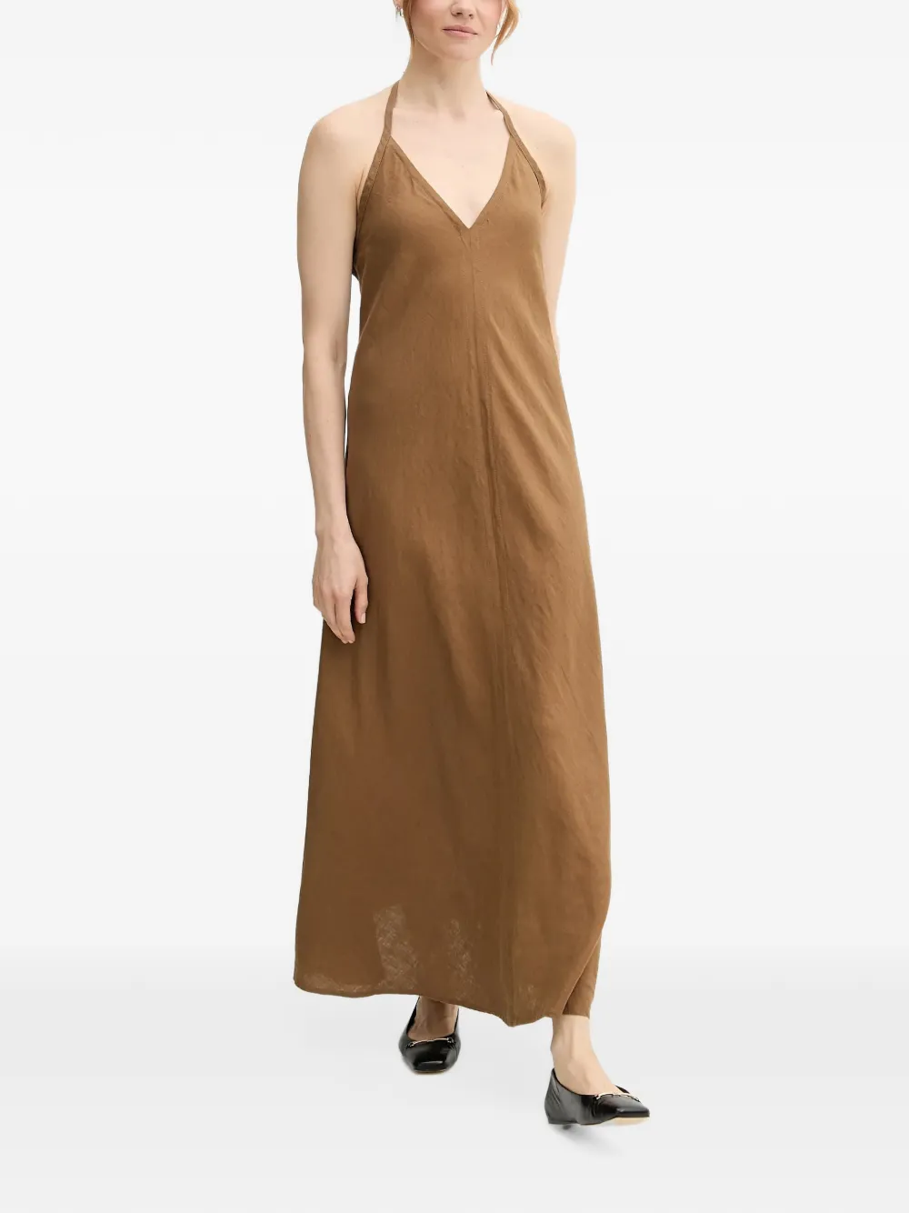 Benetton Maxi-jurk met halternek en open achterkant Bruin