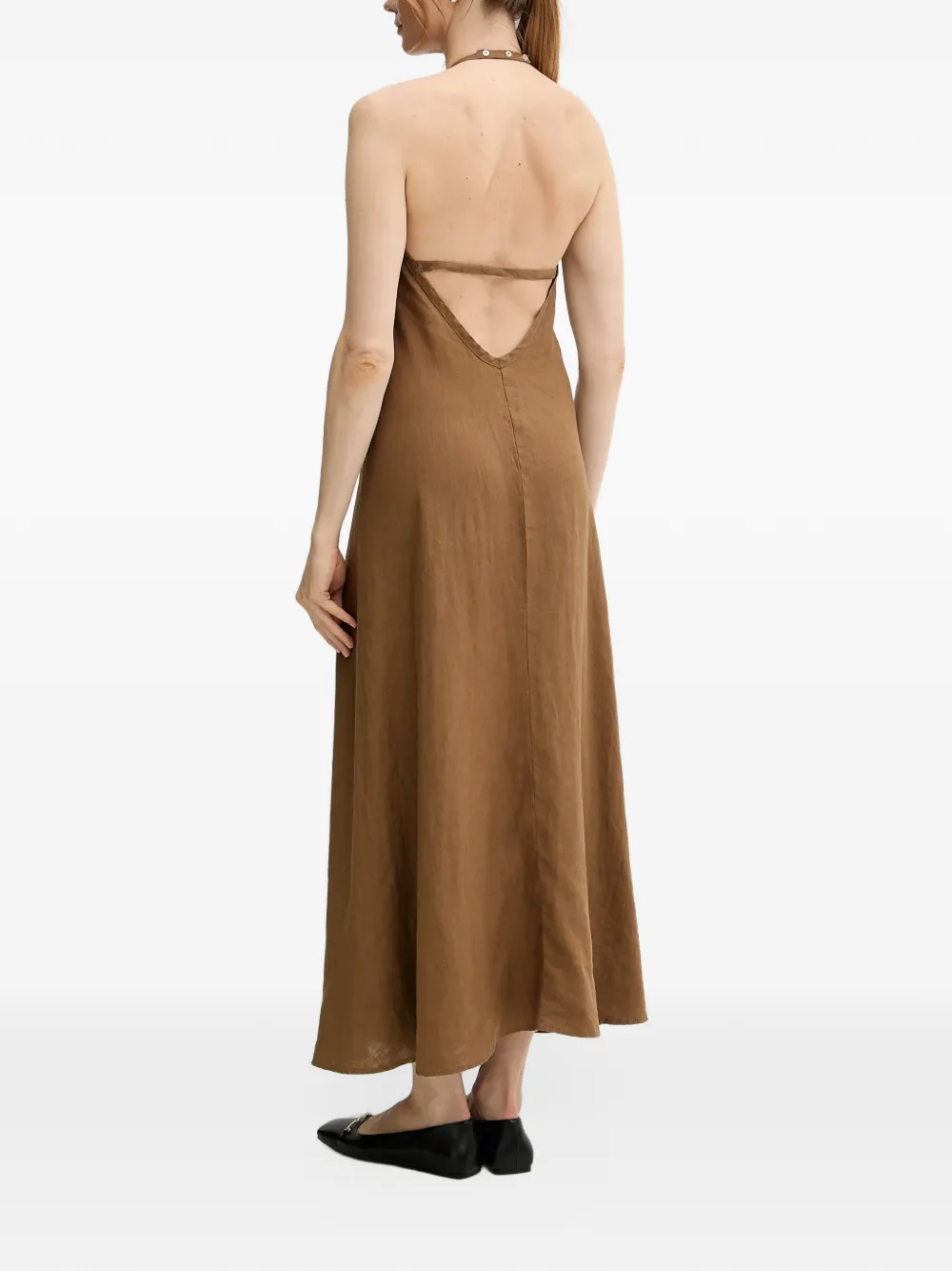 Benetton Maxi-jurk met halternek en open achterkant Bruin